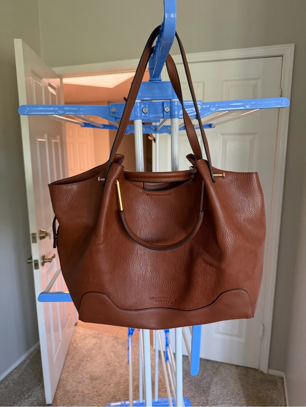 Brown Faux Leather Tote Bag with Gold Accents